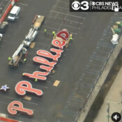 Thackray Crane Phillies Letters Installation for Phanvision Scoreboard